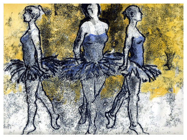 Three ballet dancers; monoprint/