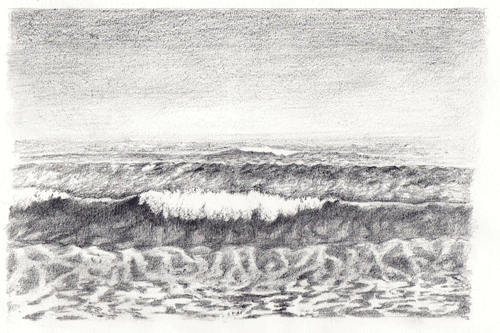 pencil drawing ; waves onthe sea./