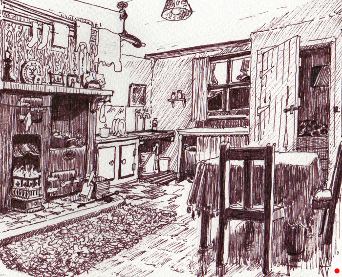  pen drawing ; victorian tennement kitchen /