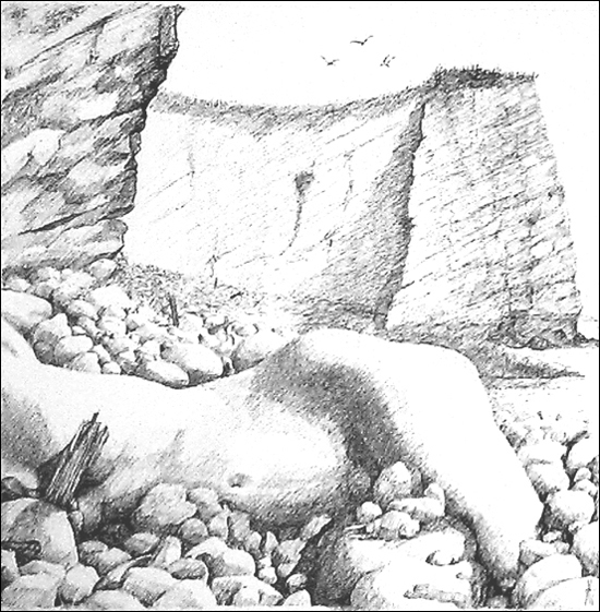  Pen drawing of pebbly beach,cliffs and part nude figure/