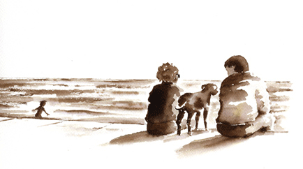 Brush drawing ; couple and their dog sit watching the sea./