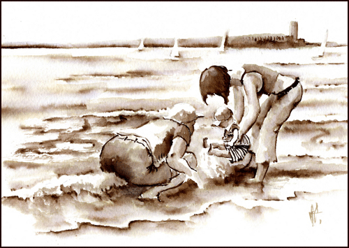  Brush drawing; couple take their baby for a paddle./
