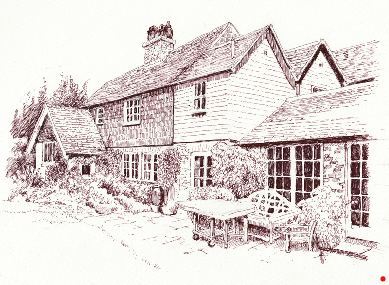 detailed pen drawing of house/