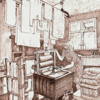  pen drawing ; 1940 washday/