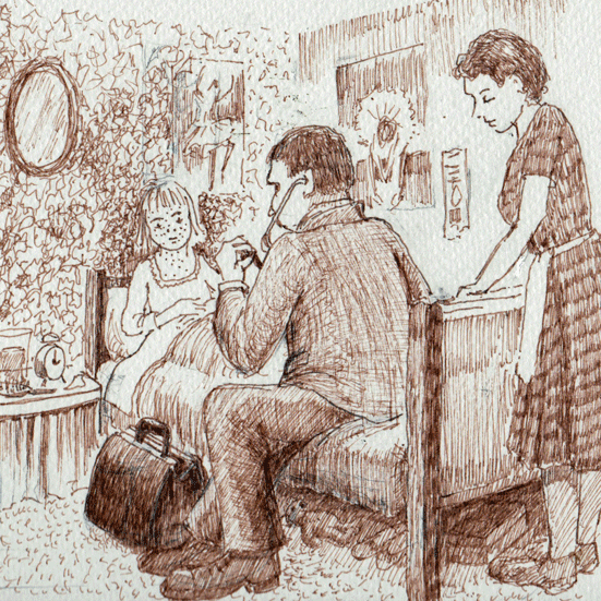  pen drawing ;Doctor's home visit  /