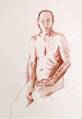 pencil; sitting male nude ,front/