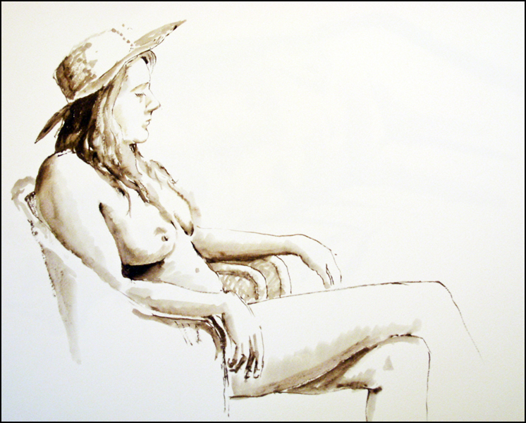  brush; seated female nude with hat/