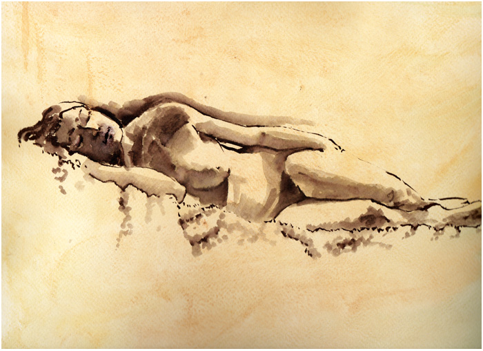 brush drawing; sleeping female nude/