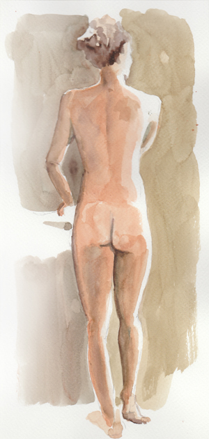 Female nude standing; brush drawing/