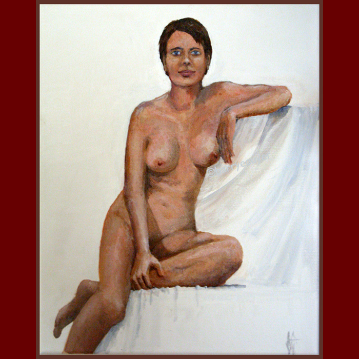 painting of seated, nude  young woman/