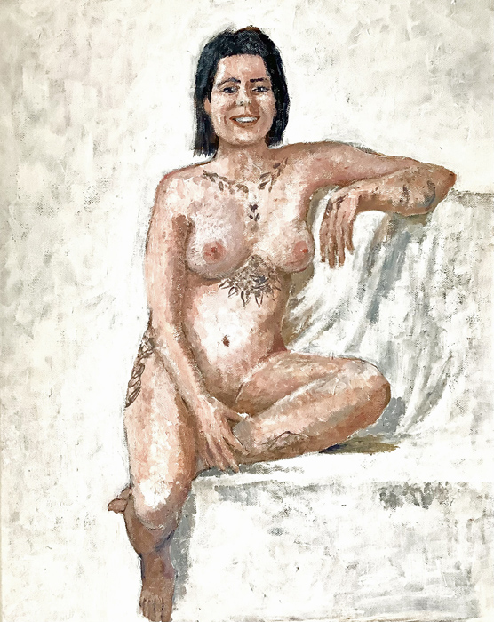 painting of seated, nude  young woman/