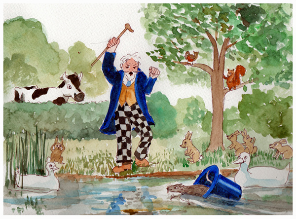 Brodish dances in fury on the bank as his hat washes away, animals laugh /