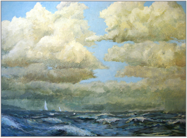 Seascape 'white horse' clouds and distant sails./