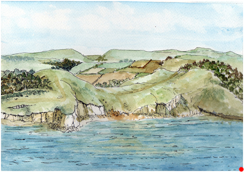  Pen and watercolour coastal scene beachcliffs hills sugesting female form./