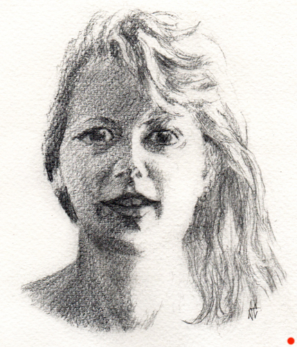 Pencil portrait; windswept teenage girl./