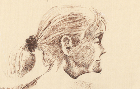 pencil portrait; mature woman with ponytail./