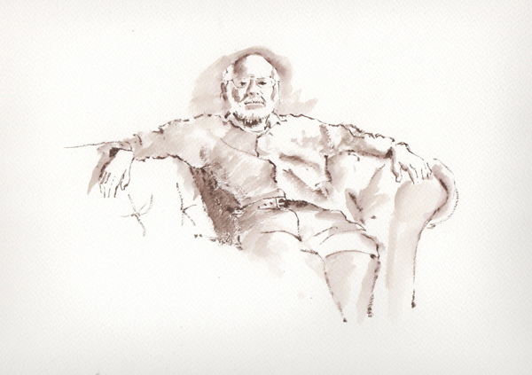 Brush drawing; elderly man sitting./