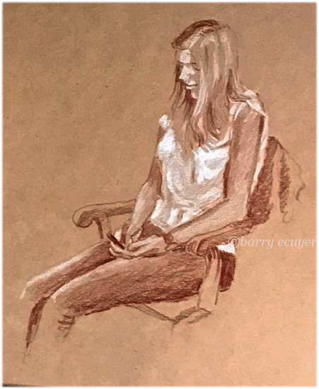 pencil portrait; woman with phone./