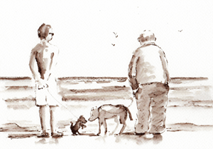  brush drawing two men and dogs/