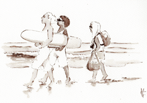  brush drawing walking surfers/